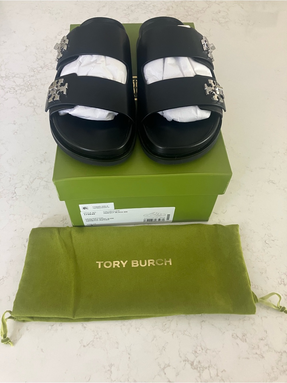 Tory Burch Black Leather Double-Strap Logo Slide Sandals - Picture 1 of 3